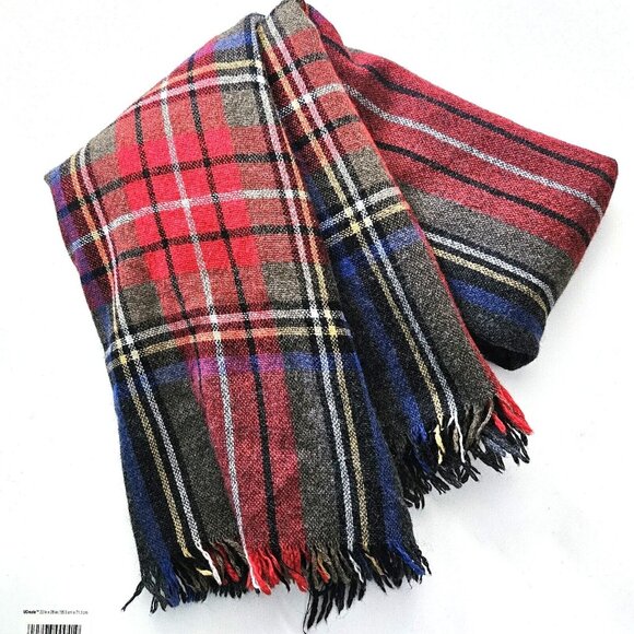 J.Crew Navy Blue Gray Red Plaid Wool Blanket Scarf Wrap Shawl Made In Italy - Picture 1 of 2